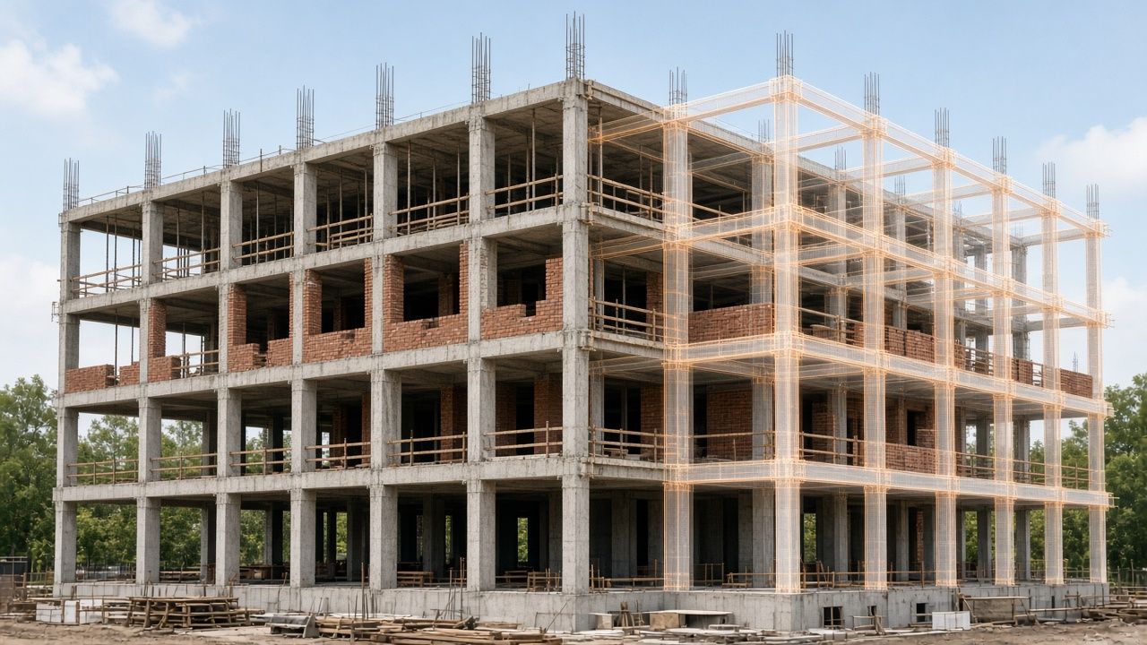 Modelo digital de los pórticos de un edificio junto a un plano de obra