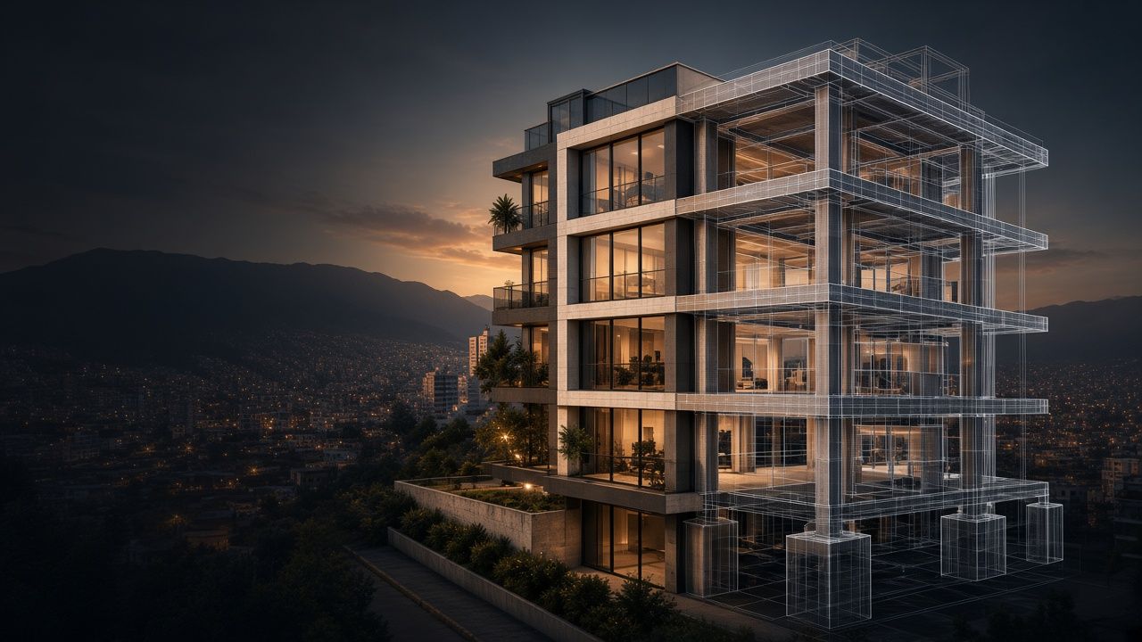 Edificio residencial al atardecer, con la estructura de hormigón visible y las montañas al fondo